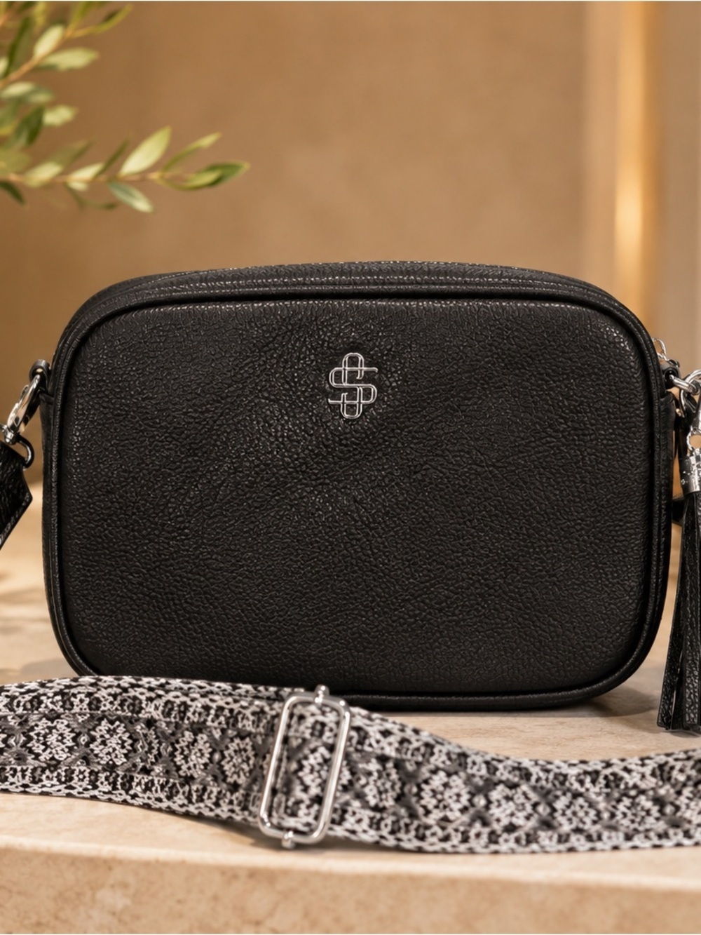 Black Textured Crossbody Bag with Patterned Strap